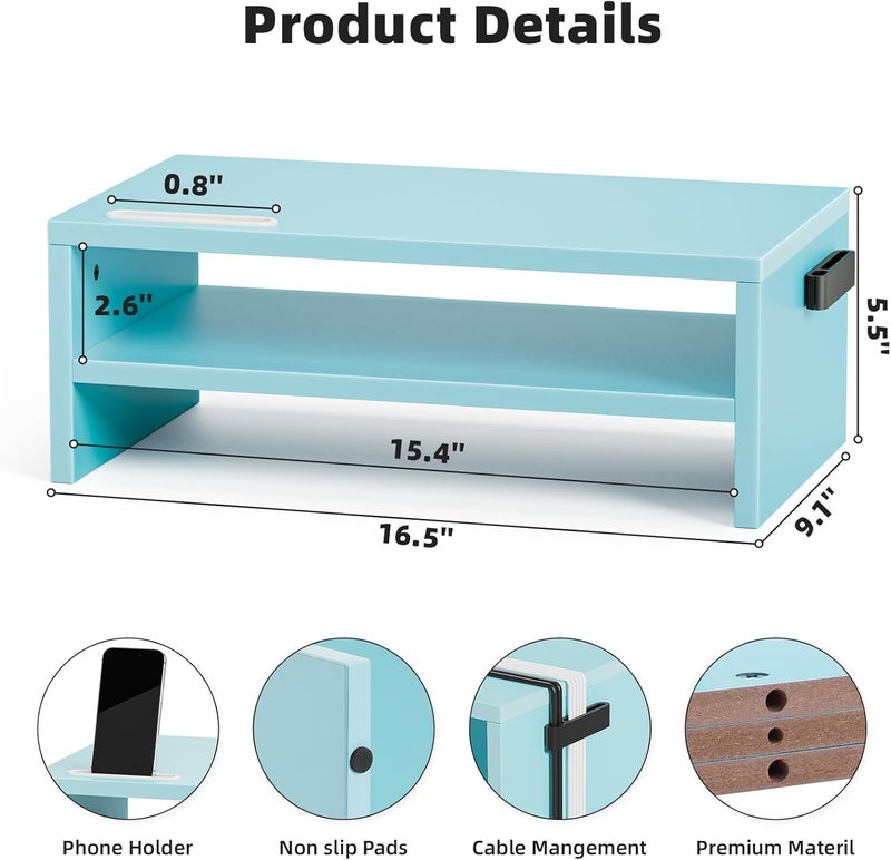 Marbrasse Monitor Stand Riser, 16.5 Inch 2 Tier Computer Printer Shelf Stand for Laptop Computer Screen Storage, Desktop Stand with Phone Holder and Cable Management (Blue) - Image 3